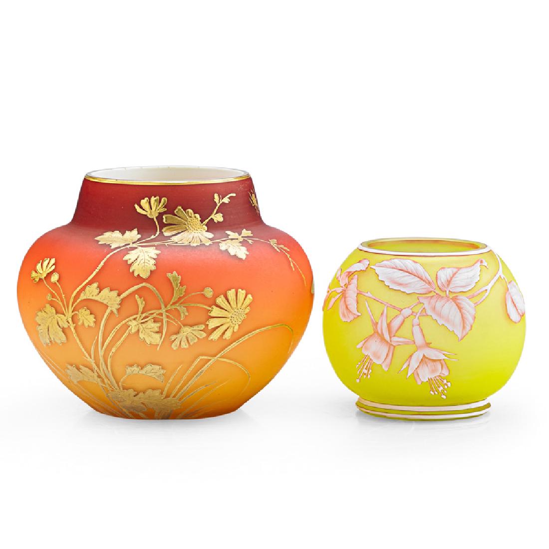 THOMAS WEBB & SONS Two vases: THOMAS WEBB & SONS Peach Bloom vase with daisies (possibly Thomas Webb) and cabinet vase with fuchsia, England, 19th C. Acid-etched, enameled, and gilt cameo glass Unmarked 4 1/2", 3" Provenance: Priv