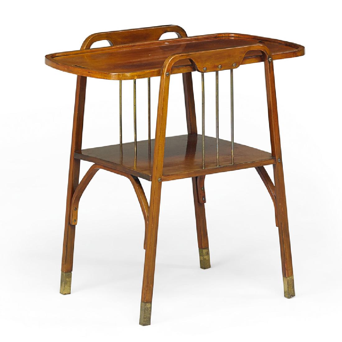 THONET Tea table: THONET Two-tiered tea table, Austria, early 1900s Beech, brass Paper label 30" x 29" x 17 1/2" Provenance: Patrick Kovacs Kunsthandel, Vienna, Austria, January 2016