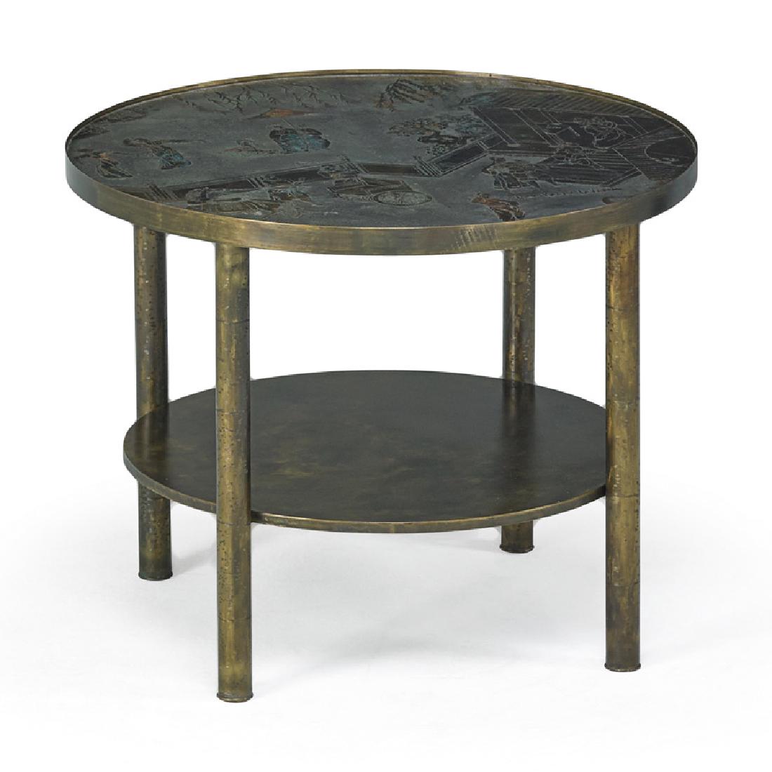 PHILIP LaVERNE; KELVIN LaVERNE Occasional table: PHILIP LaVERNE (1907 - 1987) KELVIN LaVERNE (b. 1937) Occasional table, New York, 1960s Etched, patinated, and polychromed bronze, pewter Raised signature 22" x 20" dia.