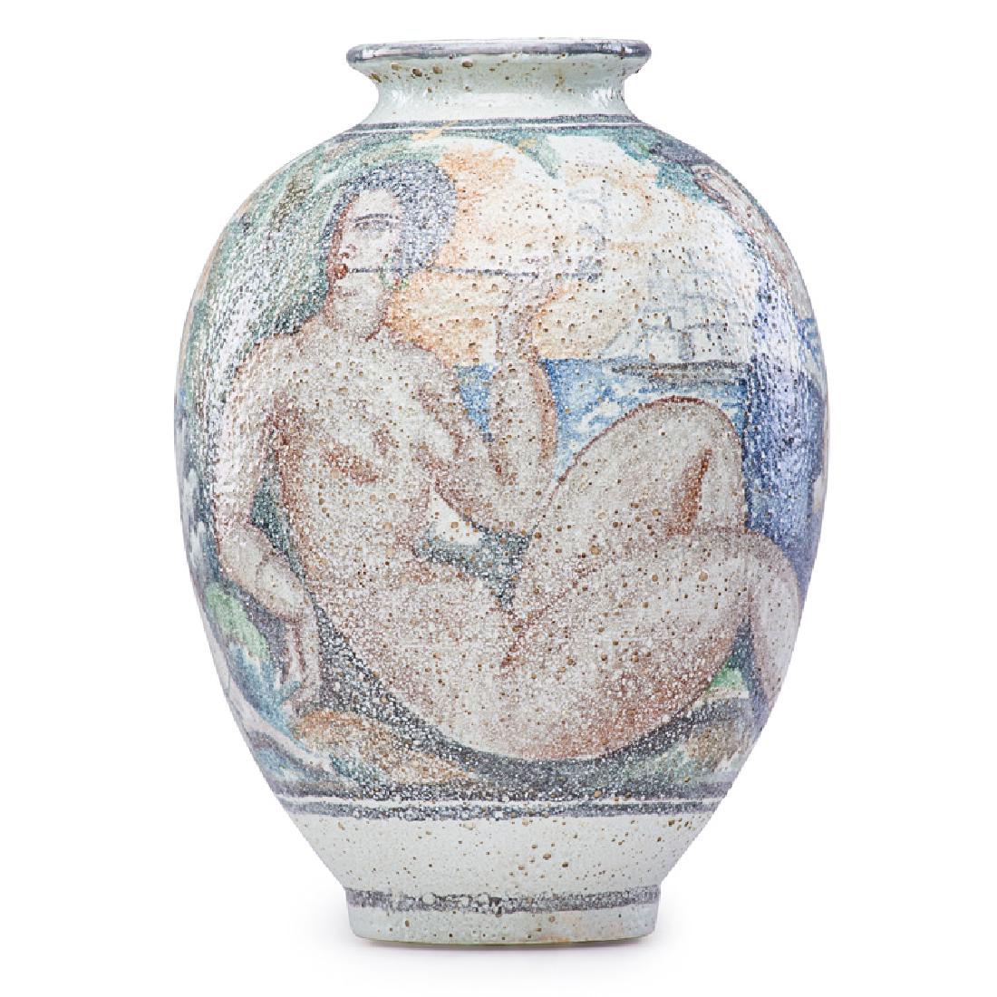 RENE BUTHAUD Large Art Deco vase with accordionist: RENE BUTHAUD (1886 - 1986) Large Art Deco vase with accordionist and nudes, France, ca. 1928 Glazed earthenware Signed R. Buthaud 12 3/4" x 9" Provenance: Tajan, Paris