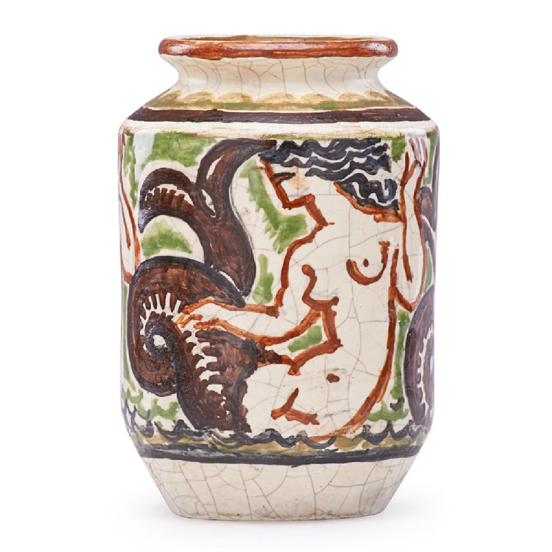 RENE BUTHAUD Small Art Deco vase with mermaids: RENE BUTHAUD (1886 - 1986) Small Art Deco vase with mermaids, France, 1920s Glazed earthenware Signed RB 7 1/4" x 5"