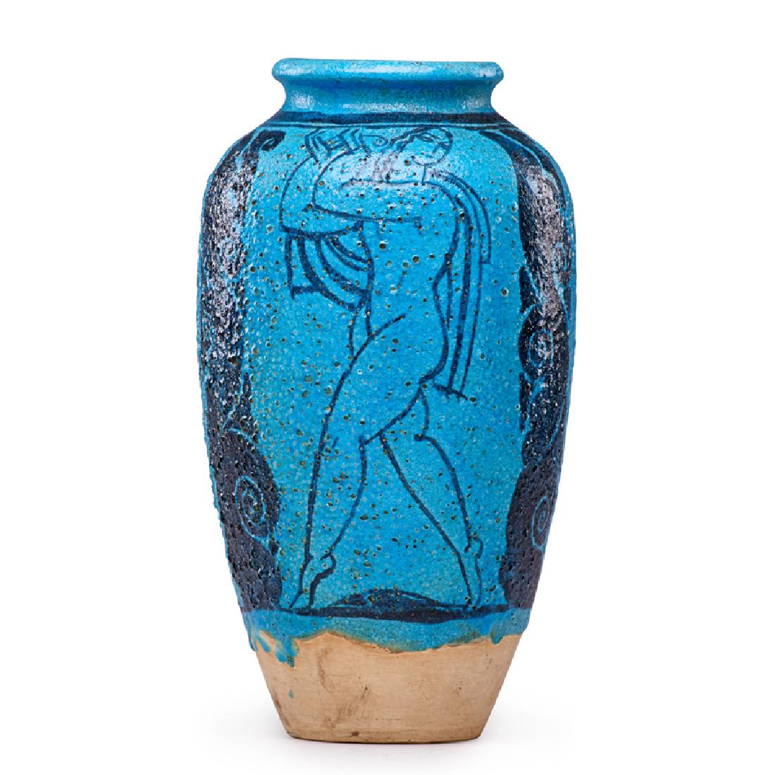 RENE BUTHAUD Art Deco vase with nudes: RENE BUTHAUD (1886 - 1986) Art Deco vase with nudes, turquoise glaze, France, 1920s Glazed earthenware Signed RB 10 1/4" x 5 1/2"
