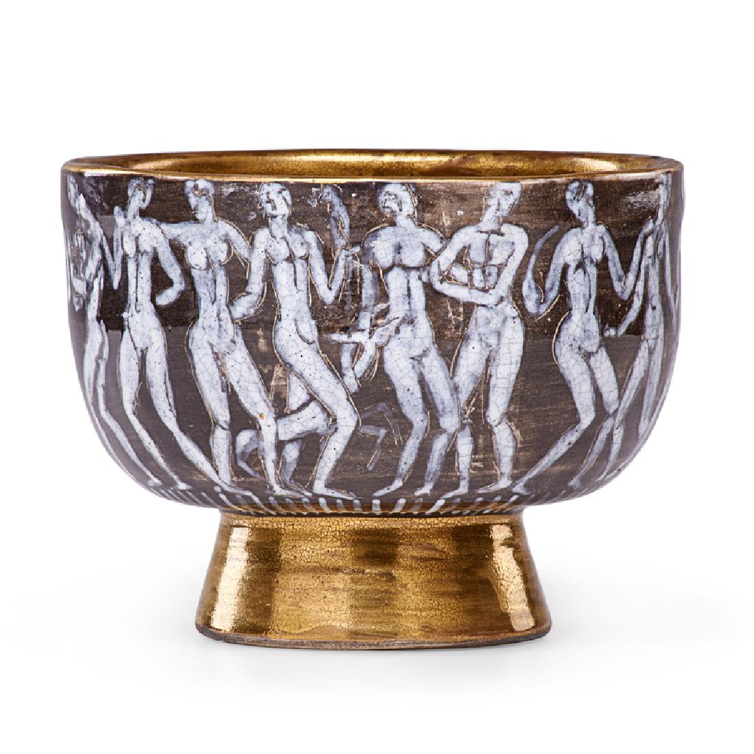 EDOUARD CAZAUX Art Deco footed bowl: EDOUARD CAZAUX (1889 - 1974) Art Deco footed bowl with nude figures and dogs, France, ca. 1930 Glazed and gilt earthenware Signed Cazaux 5 1/2" x 7" Literature: Édouard Cazaux - Céramiste-Sculpteur