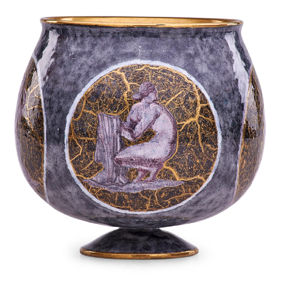 JEAN MAYODON Footed coupe: JEAN MAYODON (1893 - 1967) Footed coupe with classical nude bathing scenes, France Glazed stoneware Impressed MJ 6 1/4" x 6 1/2"