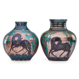 EDOUARD CAZAUX Two Art Deco vases with horses: EDOUARD CAZAUX (1889 - 1974) Two Art Deco vases with horses, France, ca. 1935 Glazed earthenware Both signed CAZAUX 8 1/2", 8"