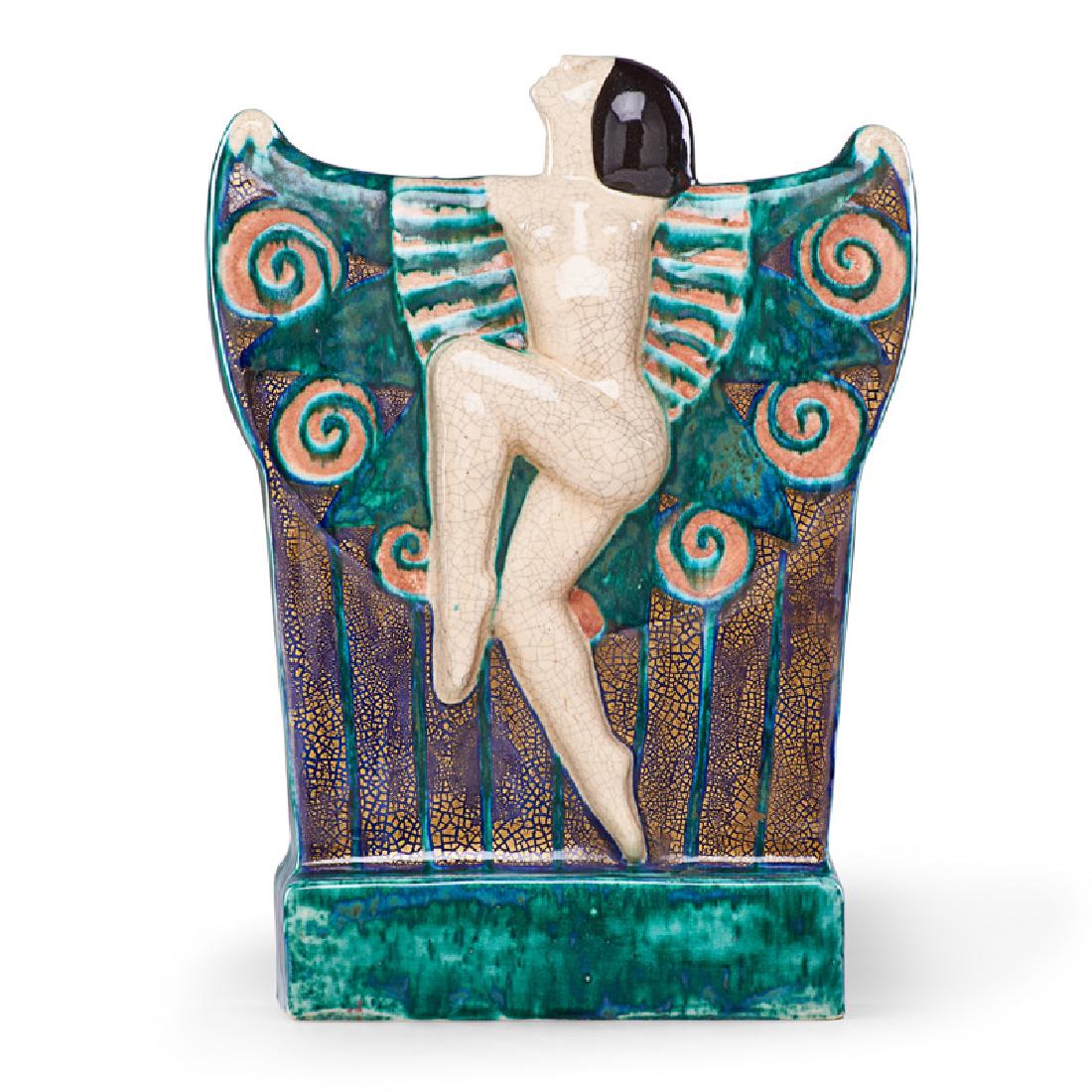 EDOUARD CAZAUX Art Deco sculpture of a dancer: EDOUARD CAZAUX (1889 - 1974) Art Deco sculpture of a nude female dancer, France, ca. 1925 Glazed earthenware Signed CAZAUX 15 1/2" x 11" x 4"