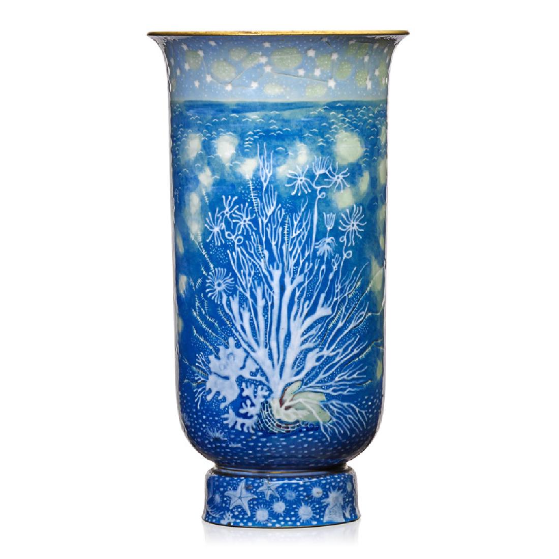 AFTER CHARLEMAGNE; SEVRES Tall vase: AFTER PAUL CHARLEMAGNE SEVRES Tall urn-shaped vase decorated in pâte-sur-pâte and sgraffito with underwater scene and starry sky, France, 1937 Glazed and gilt porcelain Manufacturer mark/j, signed I