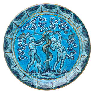 ANDRE METTHEY Wall-hanging charger: ANDRE METTHEY (1871 - 1920) Wall-hanging charger with Adam and Eve, France, early 20th C. Glazed earthenware Stamped AM 14 1/4" dia.