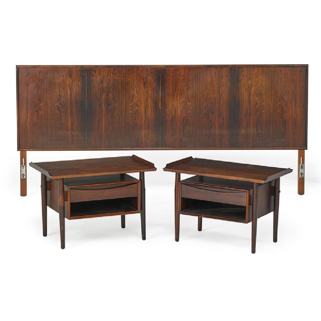 ARNE VODDER Pair of nightstands and headboard: ARNE VODDER (1926 - 2009) SIBAST MOBLER Pair of nightstands and headboard, Denmark, 1960s Rosewood Foil label to both Nightstands: 20 1/2" x 29" x 18" ea., headboard 36" x 79 1/2" Headboard pictured o