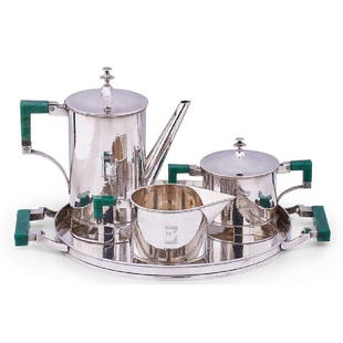 ERIK MAGNUSSEN Fine sterling coffee set: ERIK MAGNUSSEN (1884 - 1961) Fine and rare four-piece coffee set, Germany: coffee pot, sugar, creamer, and tray Sterling silver, Aventurine All stamped EM STERLING ERIK MAGNUSSEN GERMANY HANDMADE with