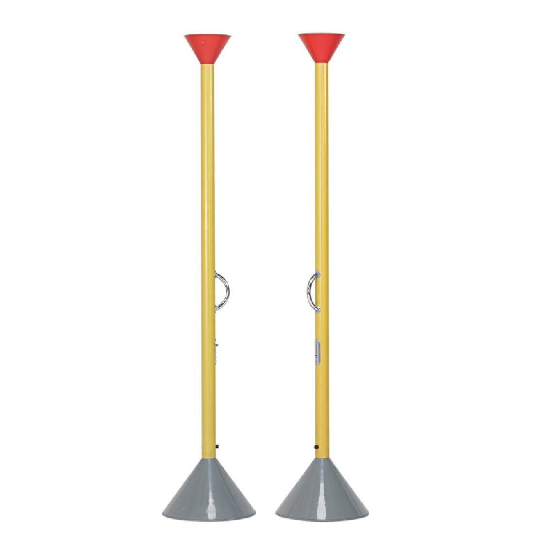 ETTORE SOTTSASS Pair of Callimaco floor lamps: ETTORE SOTTSASS (1917 - 2007) ARTEMIDE Pair of Callimaco floor lamps, Italy, 1982/ca. 2000 Enameled and chromed steel, single sockets Unmarked 79" x 15" dia. of base