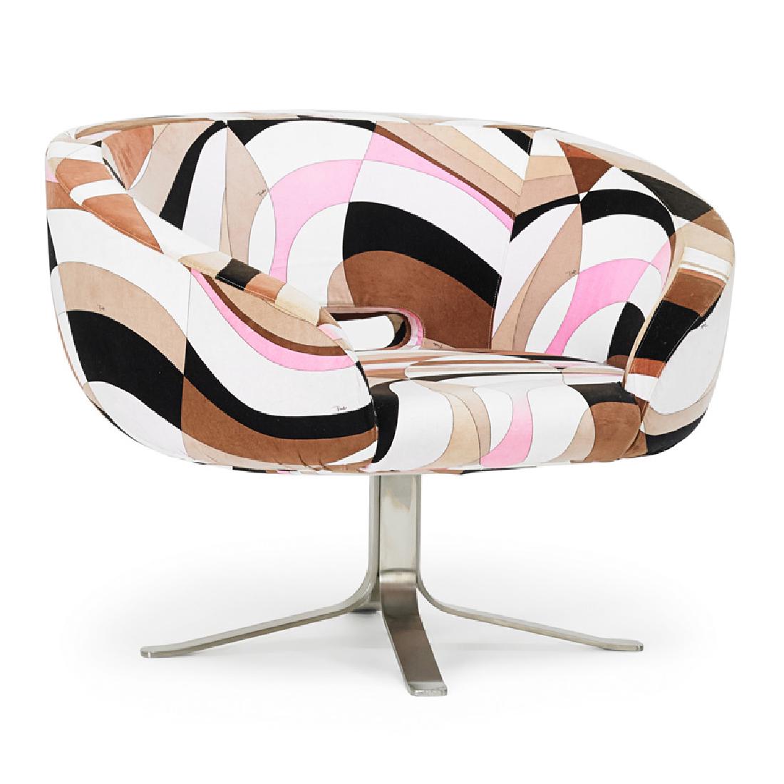 PATRICK NORGUET; EMILIO PUCCI Rive Droite chair: PATRICK NORGUET (b. 1969) EMILIO PUCCI CAPPELLINI Rive Droite swivel arm chair France/Italy, 2001 Brushed steel, velvet Signed 28" x 37" x 30"