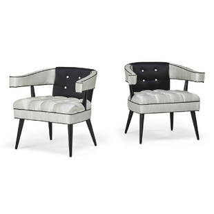 WILLIAM "BILLY" HAINES (Attr.) Pair of chairs: WILLIAM "BILLY" HAINES (Attr.) (1900 - 1 Pair of lounge chairs, USA, 1950s Enameled wood, upholstery Unmarked 28 1/2" x 32" x 26"