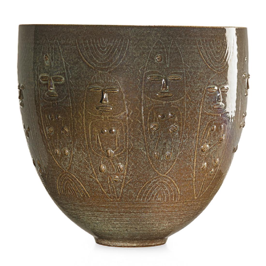 EDWIN AND MARY SCHEIER Fine large early vessel: EDWIN SCHEIER (1910 - 2008) MARY SCHEIER (1908 - 2007) Fine large early vessel with figures and fish, 1950s-60s Glazed earthenware Incised Scheier 10 1/4" x 10 3/4" Provenance: Estate of Karl Drerup