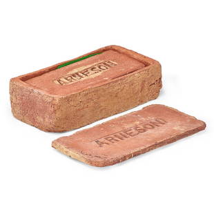 ROBERT ARNESON Brick sculpture: ROBERT ARNESON (1930 - 1992) Untitled (Brick Box with Interior Brick), California, ca. 1969 Painted earthenware, felt Stamped ARNESON 3" x 9" x 4 1/2" Provenance: Allan Stone Gallery, New York