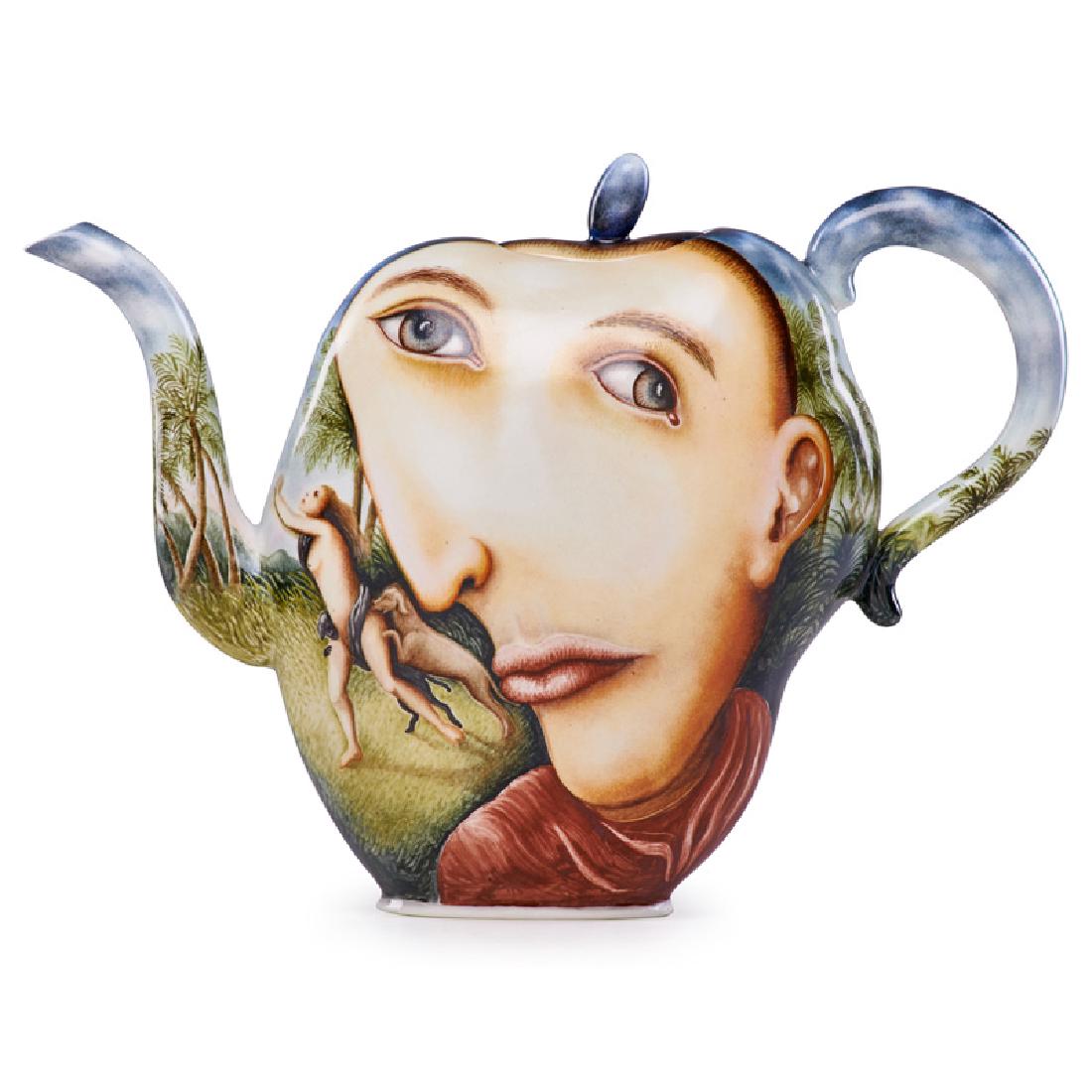 KURT WEISER Teapot: KURT WEISER (b. 1950) Untitled teapot (Portrait), Tempe, AZ China painted porcelain Base incised Weiser, lid signed 6a5n 10 1/2" x 14 1/2" x 4 1/4"