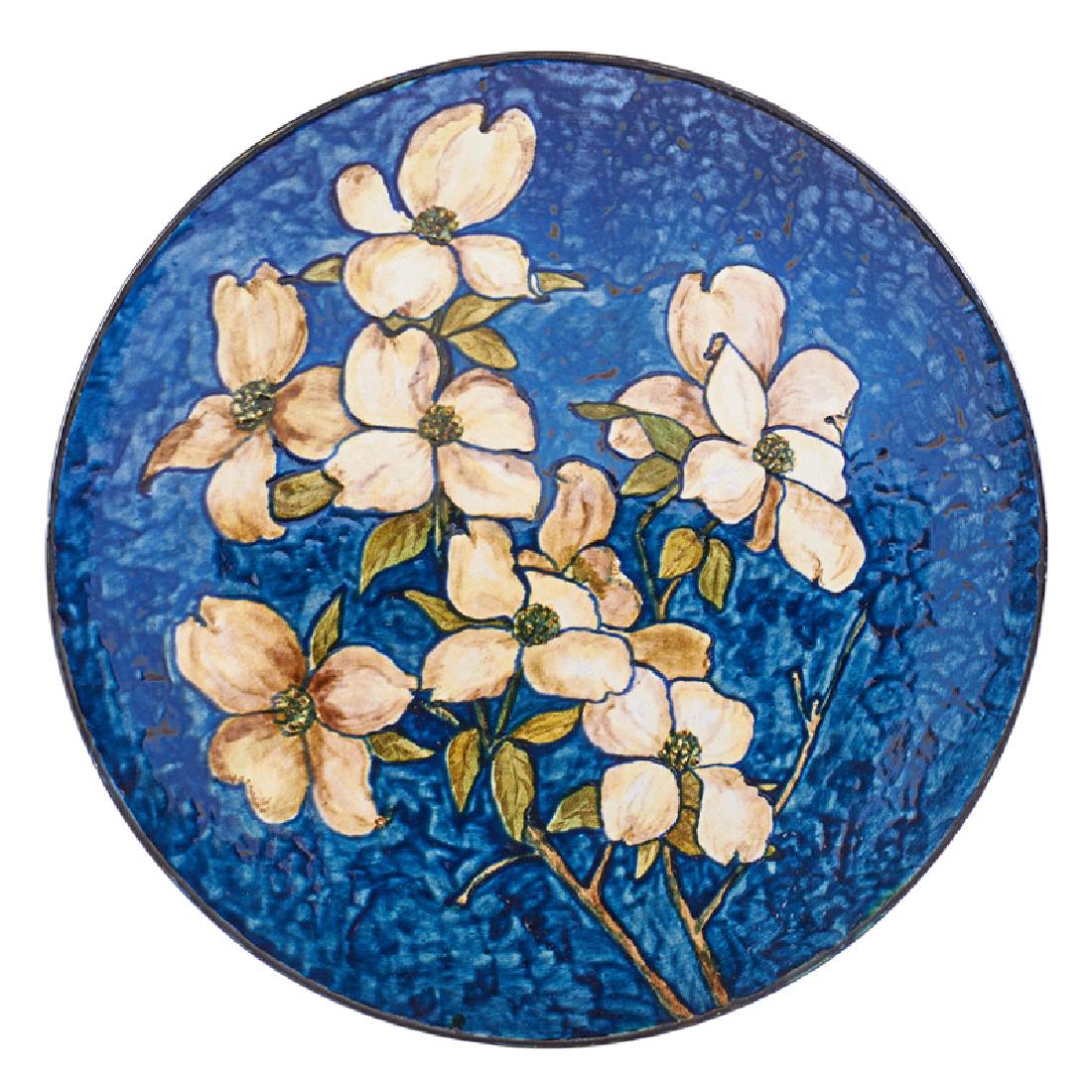 JOHN BENNETT Wall-hanging charger: JOHN BENNETT (1840 - 1907) Wall-hanging charger with dogwood blossoms, New York, 1877; Signed and dated; 11 1/2" dia.