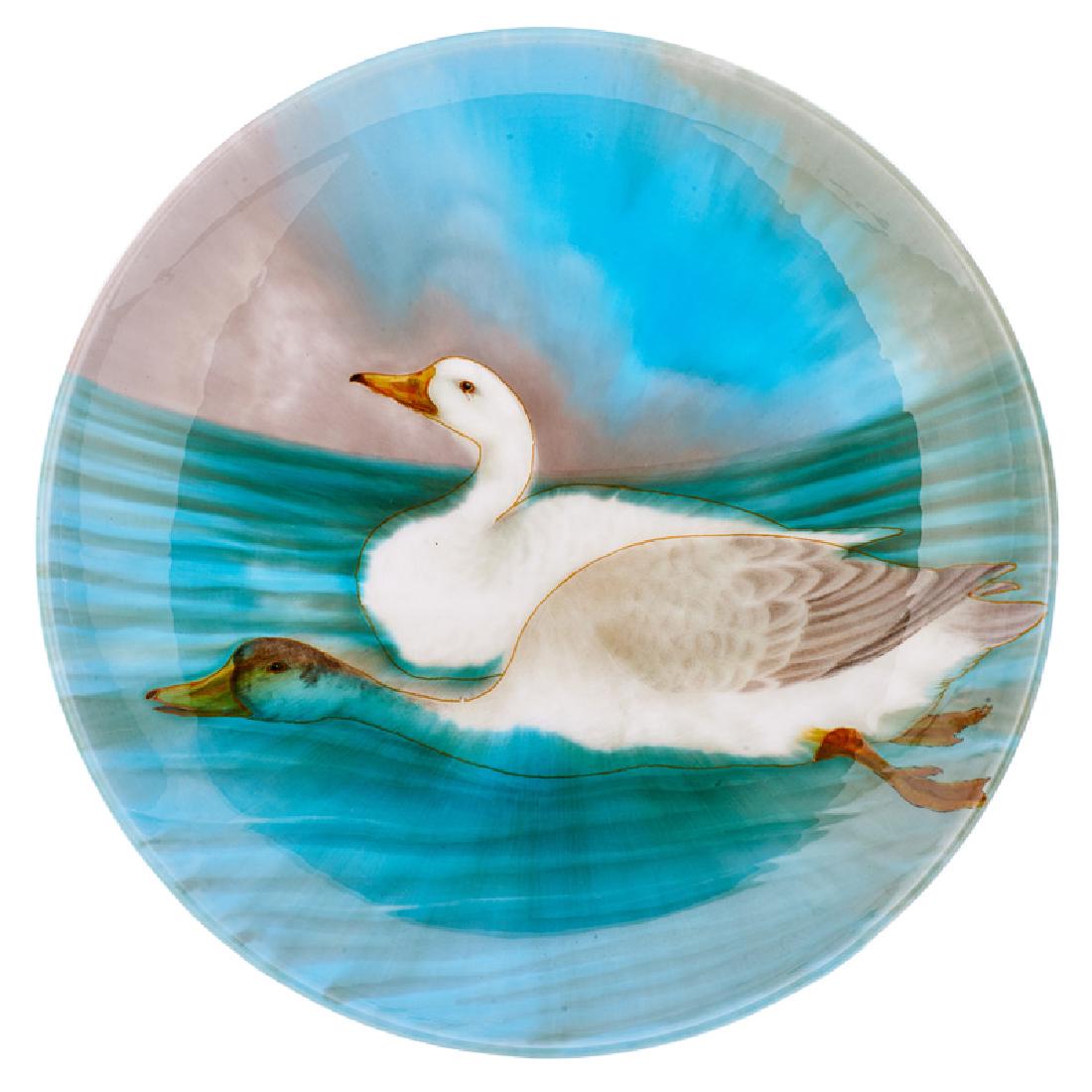 THEODORE DECK Large wall-hanging charger: THEODORE DECK Large wall-hanging charger with geese, France, late 19th C.; Glazed earthenware; Stamped TH DECK; 2 1/2" x 19 1/4"