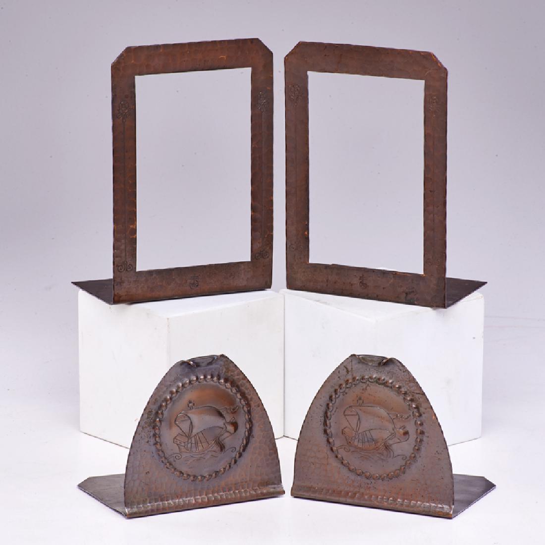 ROYCROFT: Two pair hammered copper bookends: ship medallions, and frame-form with floral borders, East Aurora, NY, 1906-1915 Each with Orb and Cross mark Tallest: 8 3/4" x 5 3/4" x 3 3/4"