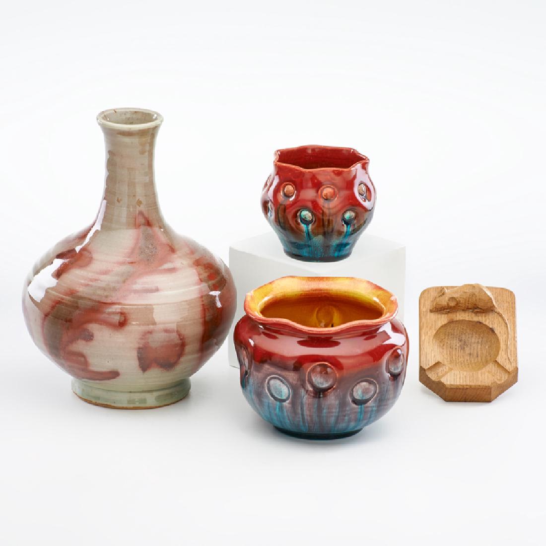 JAMES WALFORD; AULT; ROBERT "MOUSEMAN" THOMPSON: Four pieces: glazed stoneware bottle-shaped vase, two Aesthetic Movement glazed ceramic bowls, and oak ashtray with carved mouse, England, late 19th-early 20th c. Walford marked, others unmarked Talle