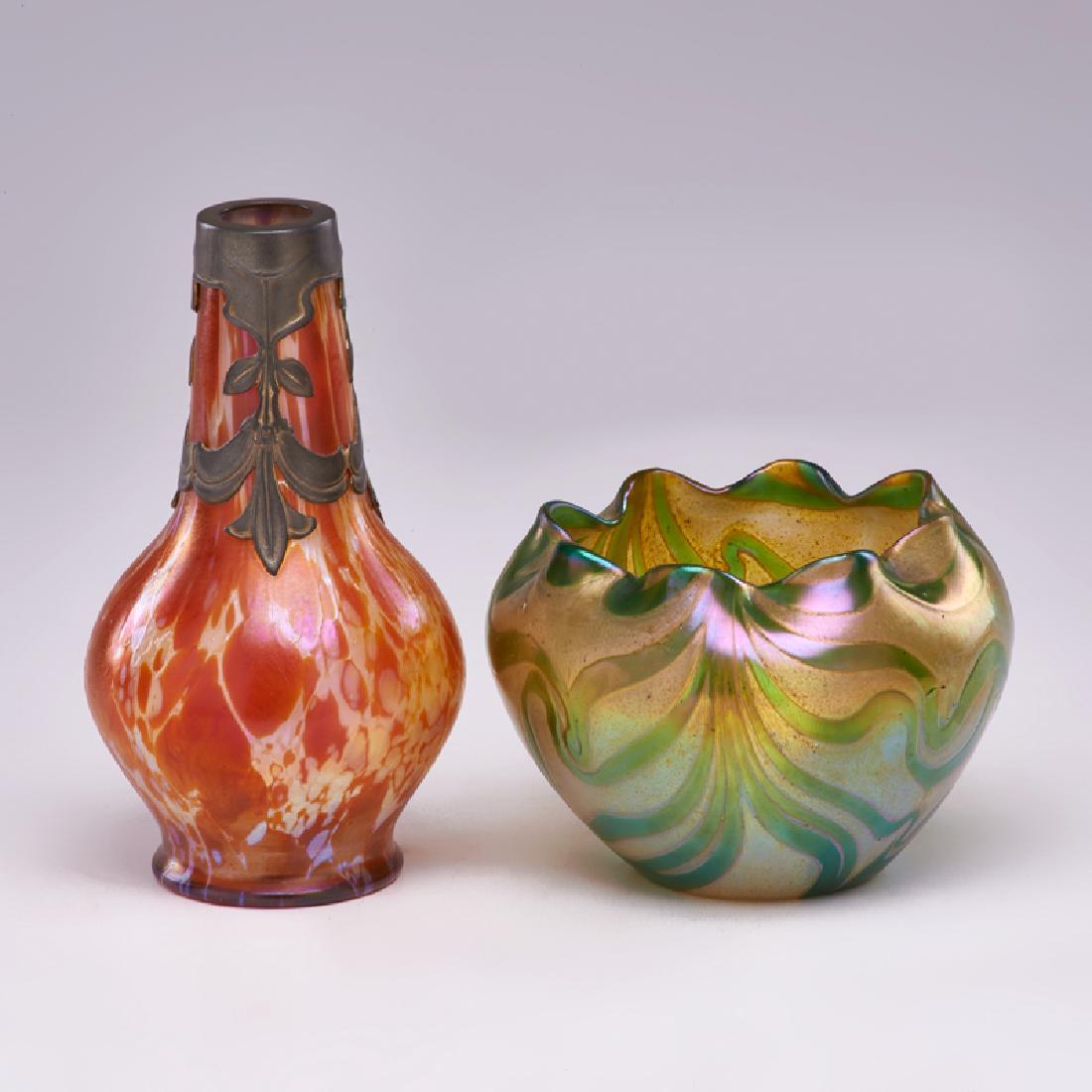 STYLE OF LOETZ: Two pieces: scalloped bowl and Bohemian metal overlay vase, 20th c. Glass, patinated metal Unmarked Taller: 7" x 4" dia.