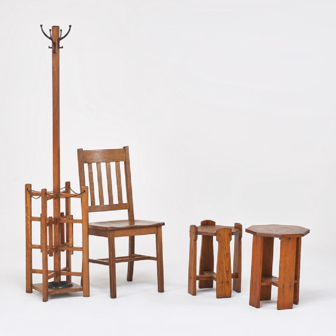 ARTS & CRAFTS: Four pieces: coat rack/umbrella stand, side chair with vertical backslats, and two octagonal tabourets, USA, ca. 1915 Oak, quartersawn oak, cast iron, brass-washed metal Unmarked Coat rack: 68" x 12 1