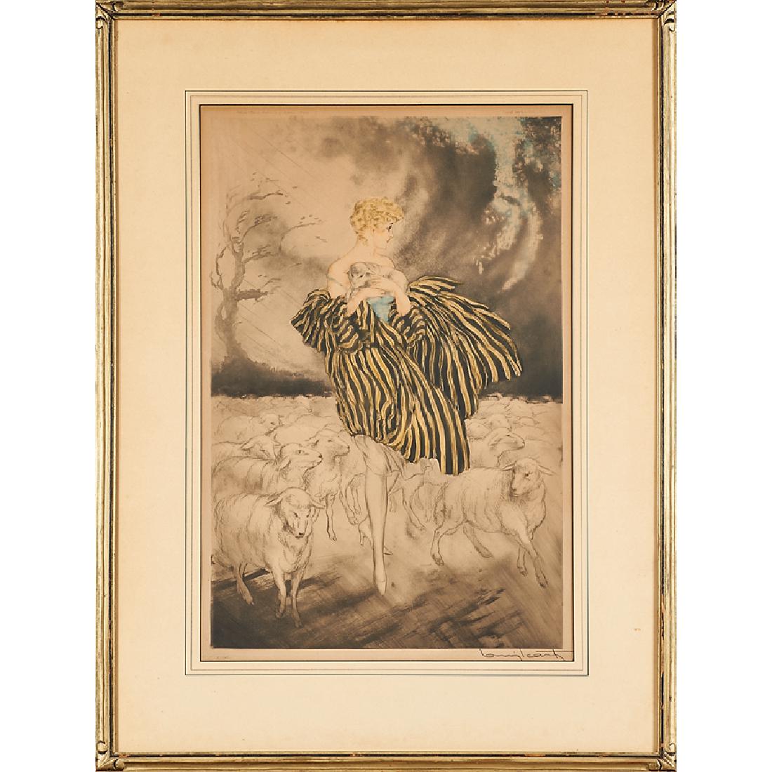 LOUIS ICART (French, 1888-1950): Etching and aquatint in colors "Little Bo Peep," 1927 (framed) Signed, noted A/206 and windmill stamped 21" x 14" (plate)