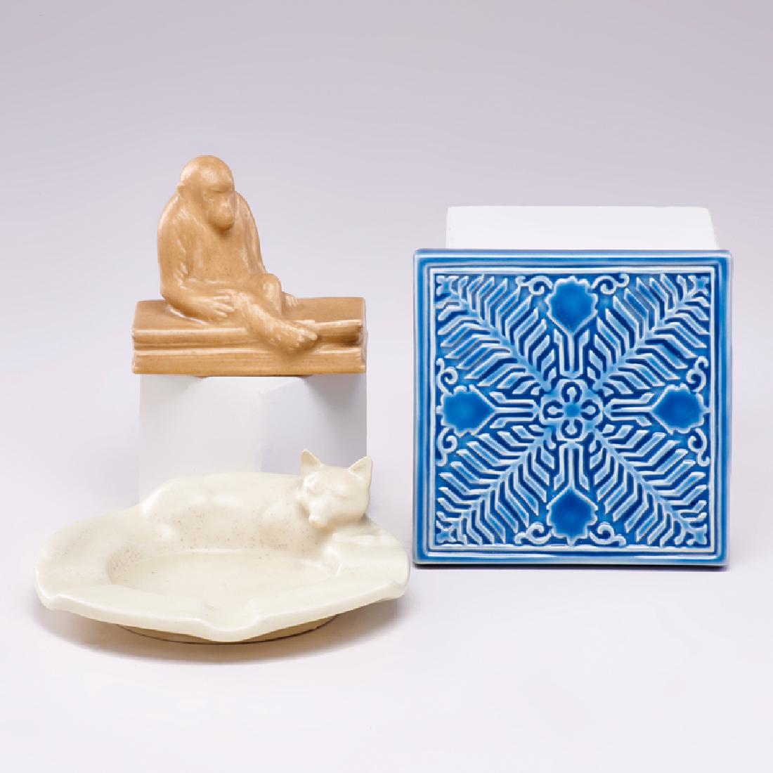 ROOKWOOD: Three pieces: fox tray, monkey paperweight, and tile, Cincinnati, OH, 1923-53 All with flame mark, date, and model Tray: 2 1/2" x 6 1/2" dia.