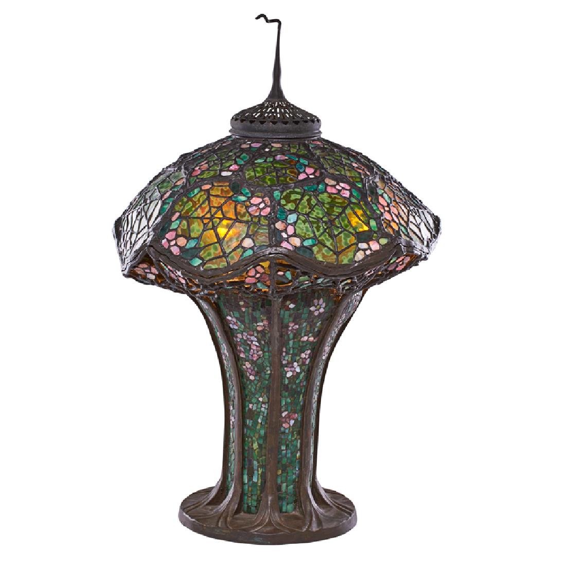 STYLE OF TIFFANY STUDIOS: Contemporary spiderweb table lamp with mosaic base and shade, late 20th c. Leaded slag glass, patinated brass Unmarked 32" x 23" dia.