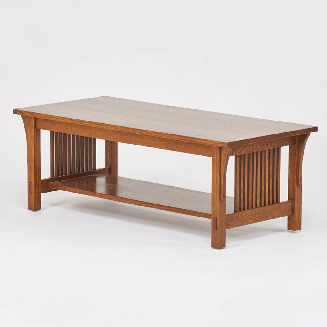 STICKLEY; E.J. AUDI: Contemporary spindled coffee table, Manlius, NY, 1991 Quartersawn oak Metal tag, branded mark, stamped date 17 1/4" x 48" x 22"