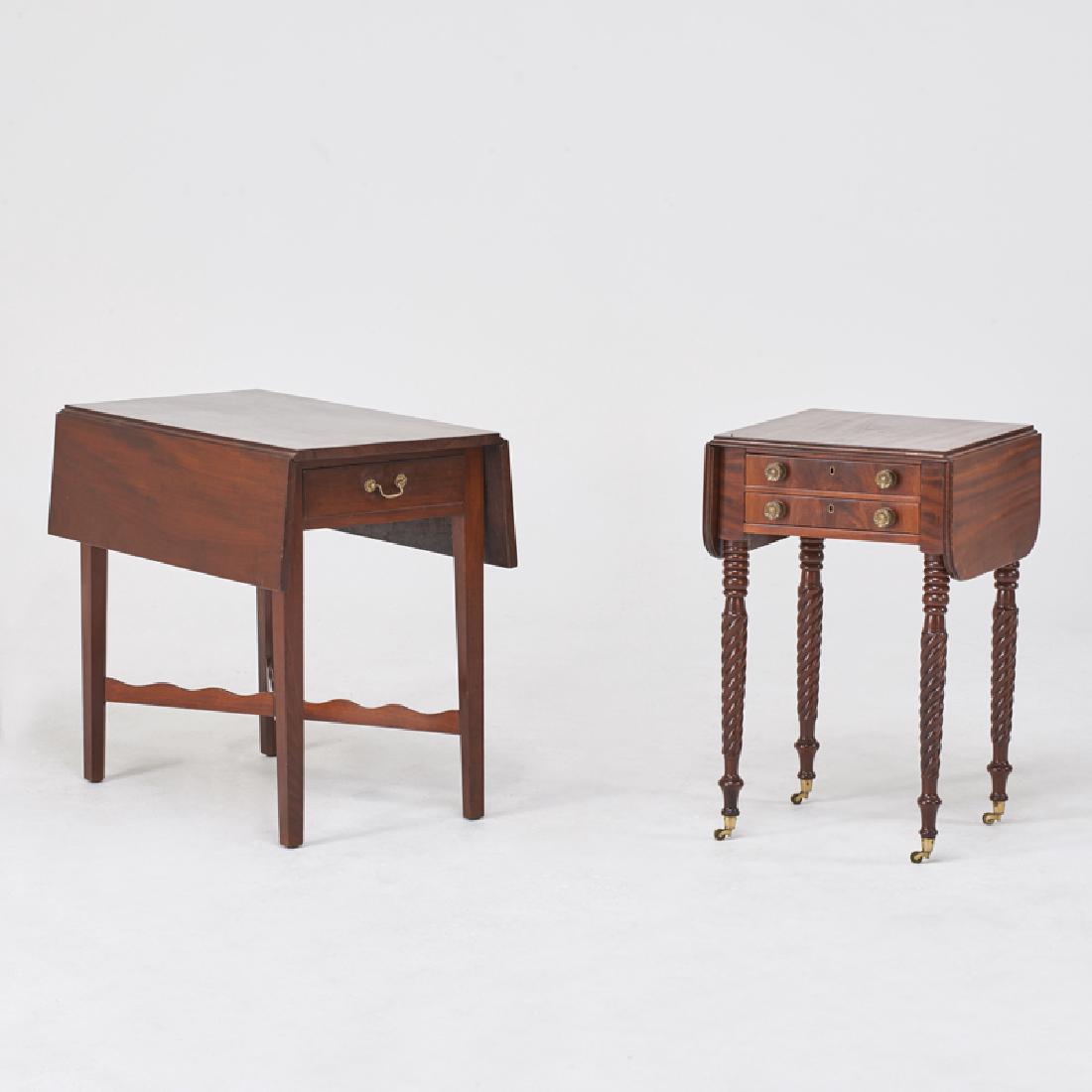 FEDERAL STYLE: Two-drawer drop-leaf sewing table and Pembroke style table, USA/England, 19th c. Mahogany, brass Sewing: 28 3/4" x 18 1/2" x 17", Pembroke: 28" x 32" x 18 1/2" (closed)