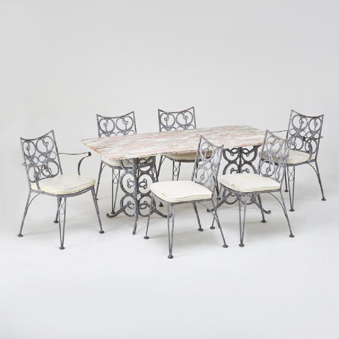 GARDEN FURNITURE: Dining set: table, four chairs (two arm-, two side-) Enameled iron, marble, vinyl upholstery Unmarked Table: 28 1/2" x 66" x 32", armchair: 34" x 22" x 22"