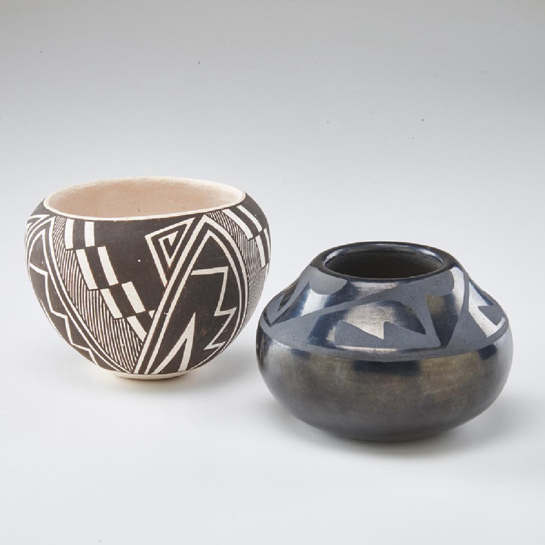 SOUTHWEST AMERICAN POTTERY: Two bowls: San Ildefonso blackware pottery bowl by Maria Emilia Santana Martinez (1887-1980), and Acoma Pottery bowl by Sarah Garcia (1928-2015) each with geometric designs, 20th c. Both signed Martin