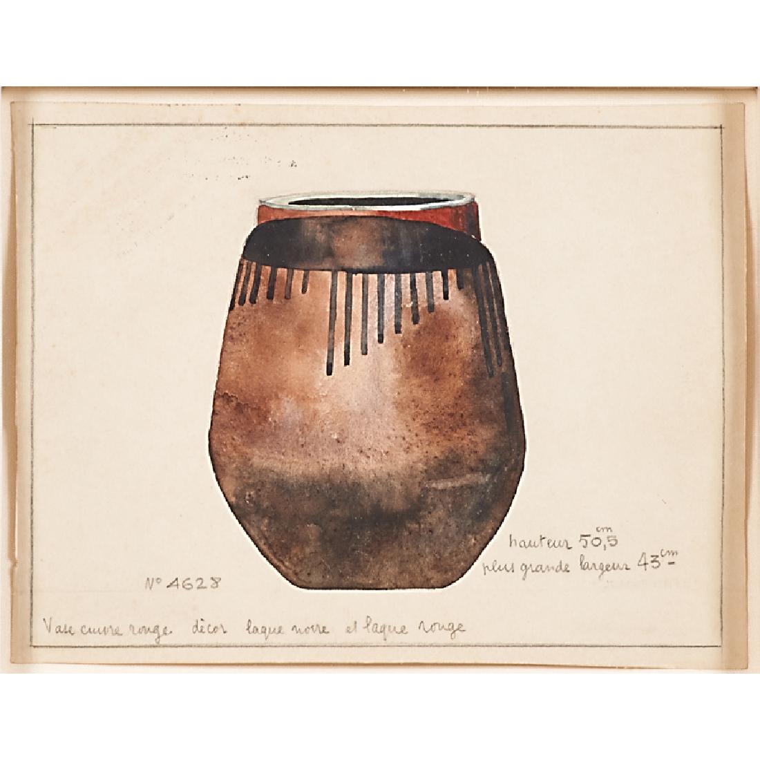 JEAN DUNAND (Swiss, 1877-1942): Two watercolor and gouache works on paper "Vase Cuivre Rouge Décor Laque Noire et Rouge" and "Vase Ovoïde en Dinanderie sur Trépied en Fer Forgé" (framed separately) One titled Larger: 9 1/4" x 6 