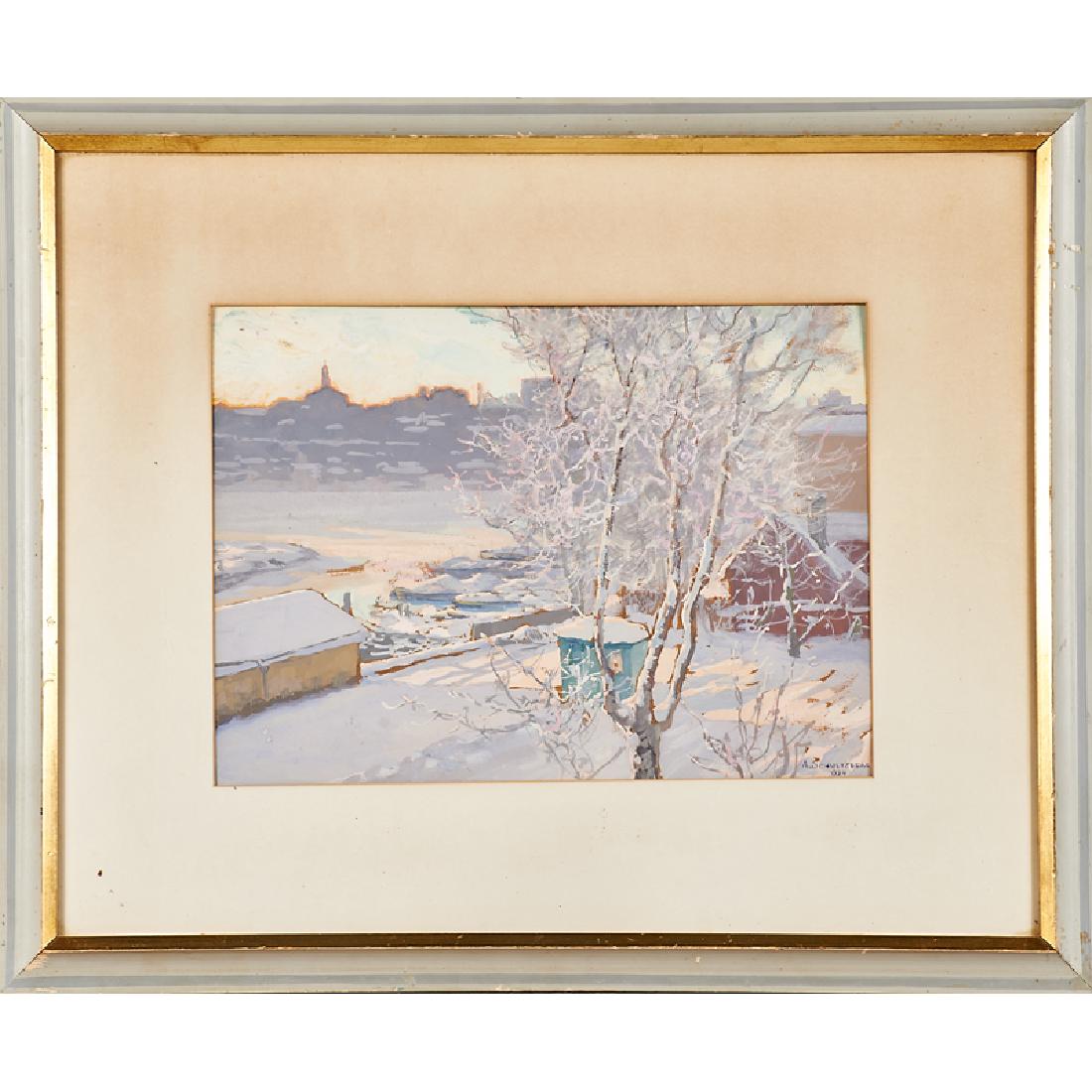 ANSHLEM SCHULTZBERG (Swedish, 1862-1945): Tempera on board "The Harbor (Stockholm)," 1924 (framed) Signed and dated 13" x 18" Exhibition: 4th International Exhibition of Water Color Paintings, The Art Institute of Chicago, 1924 (label to vers