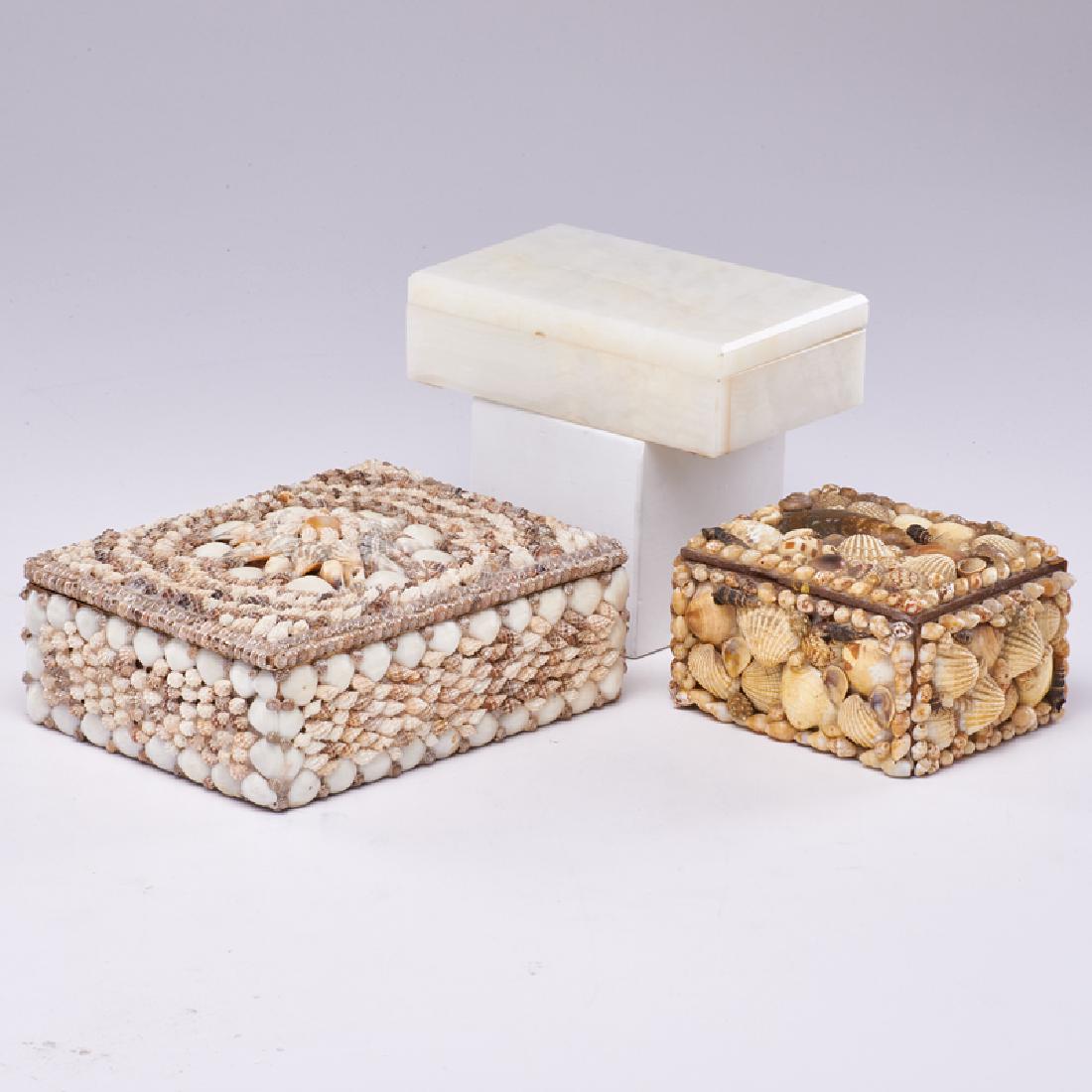 BOX GROUP: Three with hinged covers: alabaster and two shell-covered, 20th c. Velvet lining Unmarked Largest: 3" x 8 1/4" x 6 1/4"