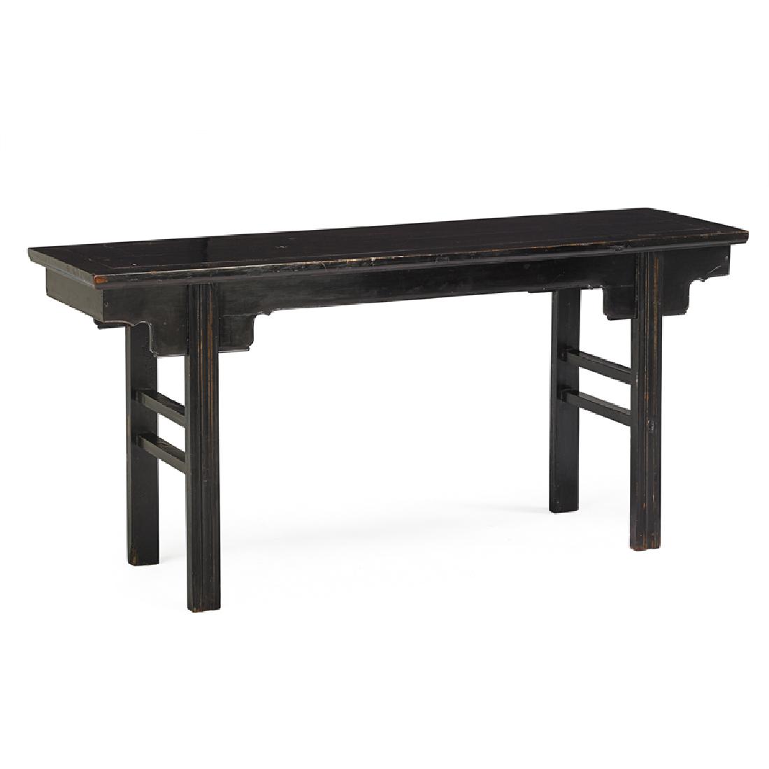CHINESE: Brown lacquer altar table, 20th c. Unmarked 38" x 82" x 23"