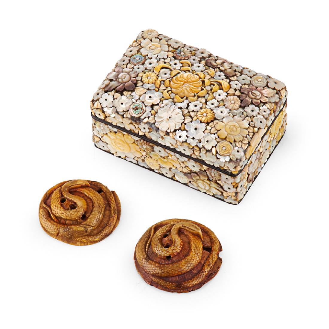 SHIBAYAMA AND NETSUKE: Japanese Shibayama trinket box encrusted with flowers and leaves of mother of pearl, abalone and bone with black lacquer interior and bottom, ca. 1900 (Meiji Period), along with a two-piece facsimile