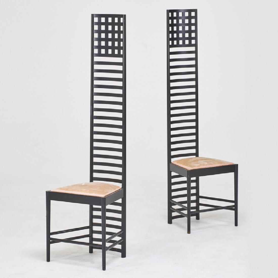 CHARLES RENNIE MACKINTOSH CASSINA: Pair of Hill House Ladderback Chairs, XL Edition, Italy, ca. 1980 Enameled wood, upholstery Stenciled marks 55 1/4" x 16" x 14"