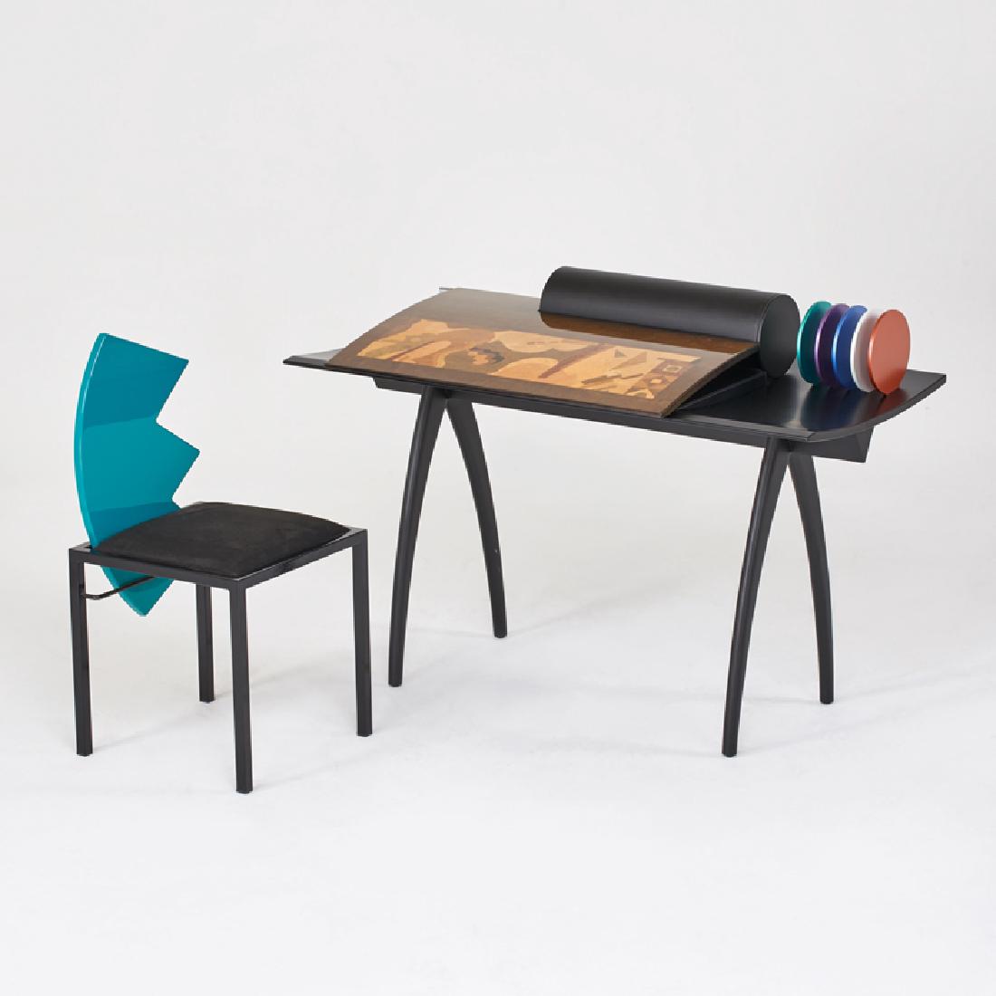 SAPORITI: Flip-top desk and chair, Italy, 1990s maple, birch, leather, powder-coated metal, aluminum, enameled wood, upholstery Desk: 37" x 51 1/2" x 25 1/2", chair: 34 1/2" x 17 3/4" x 18 1/2"