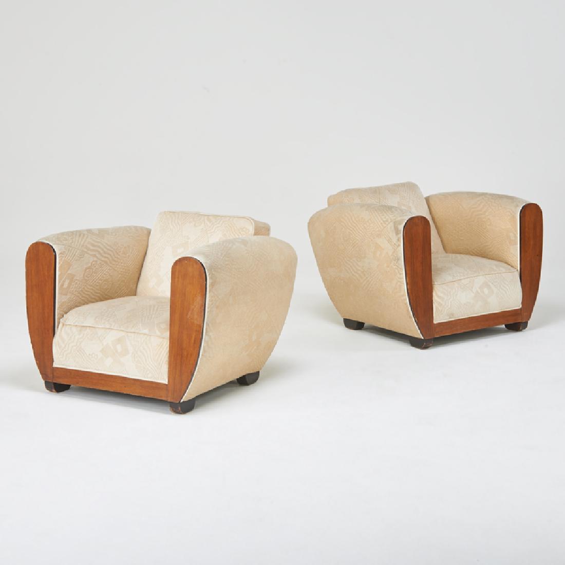 FRENCH ART DECO: Pair of club chairs, 1930s Mahogany, upholstery, ebonized wood Unmarked 27" x 36" x 33"