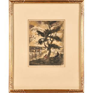 WILLIAM MEYEROWITZ (American, 1887-1981): Two etching and aquatints, with hand coloring (framed separately) Both signed Two figures on hillside: 10 1/4" x 8" (plate)