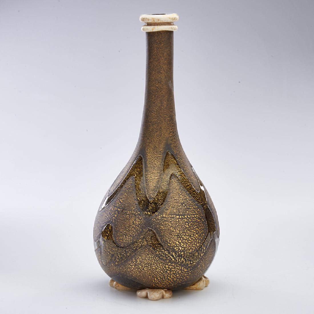ITALIAN: Footed bottle vase with gold foil inclusions, Italy Fused and partially etched glass Unmarked 14 1/4" x 6 1/2" dia.