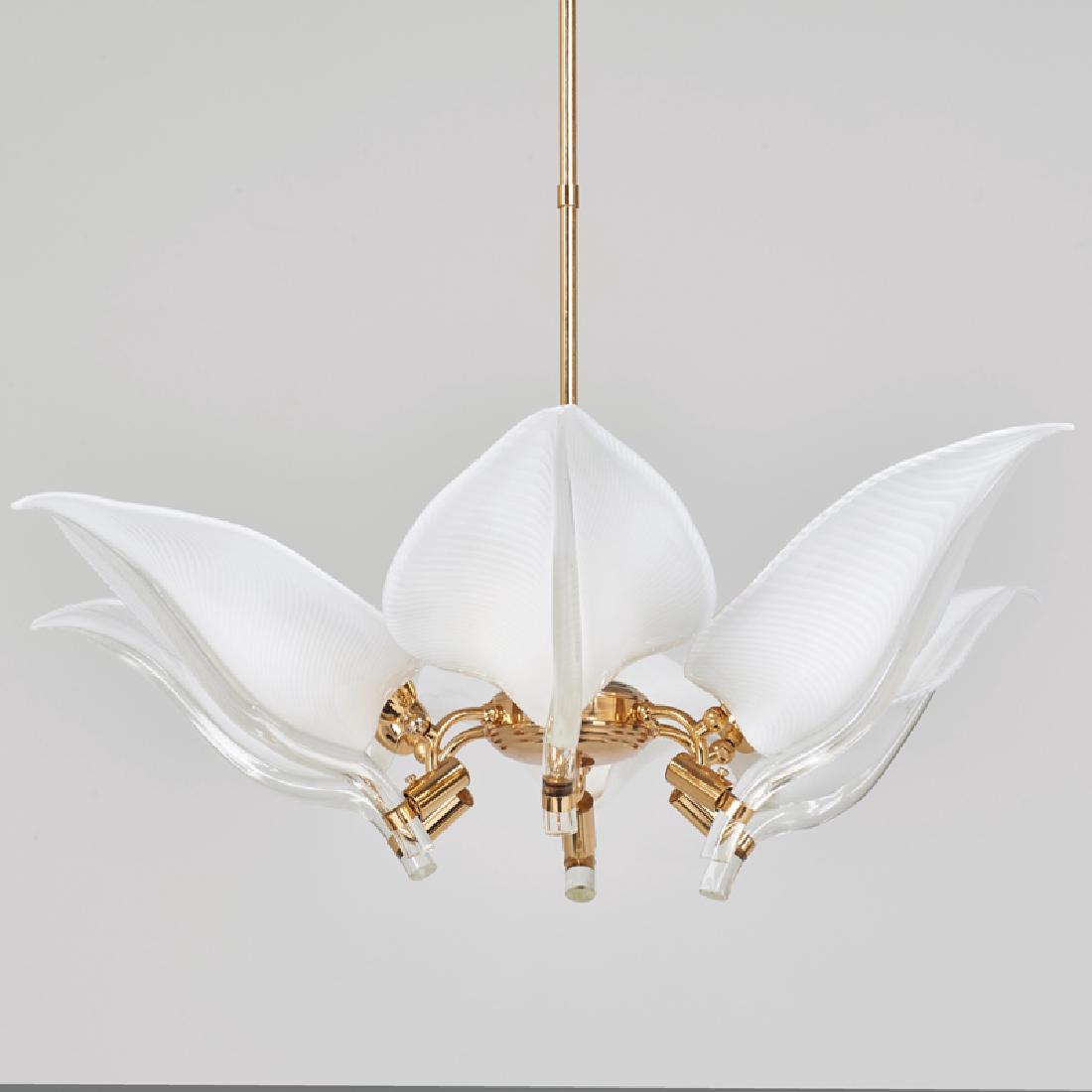 FRANCO LUCE: Six-light chandelier with large leaves, Italy, 1970s Gold plated brass, cased glass Unmarked To ceiling cap: 34" x 40" dia. (aprx.)