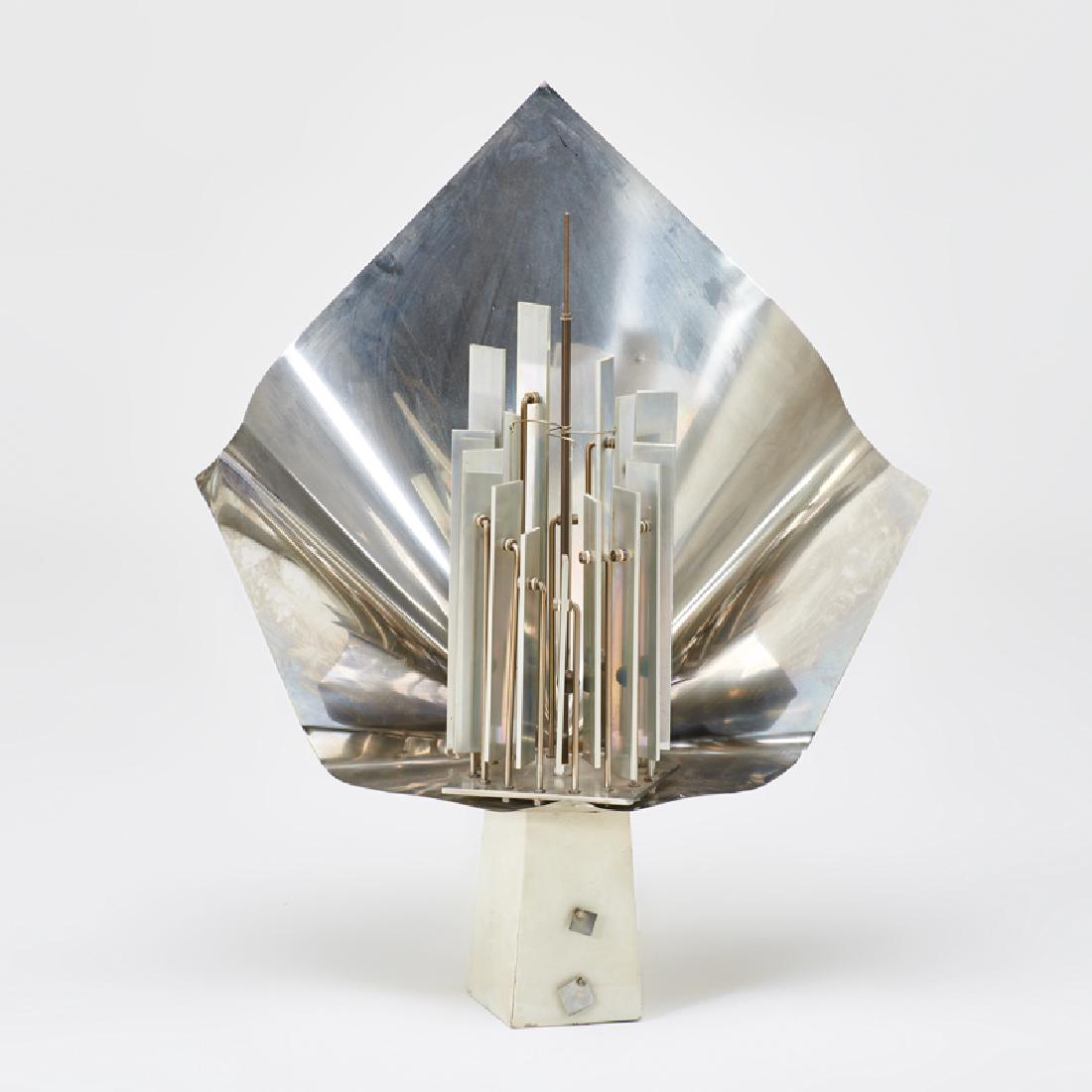 20th CENTURY SCHOOL: Kinetic chiming sculpture Aluminum, stainless steel, patinated metal, electric motor Unmarked 32" x 27" x 19"
