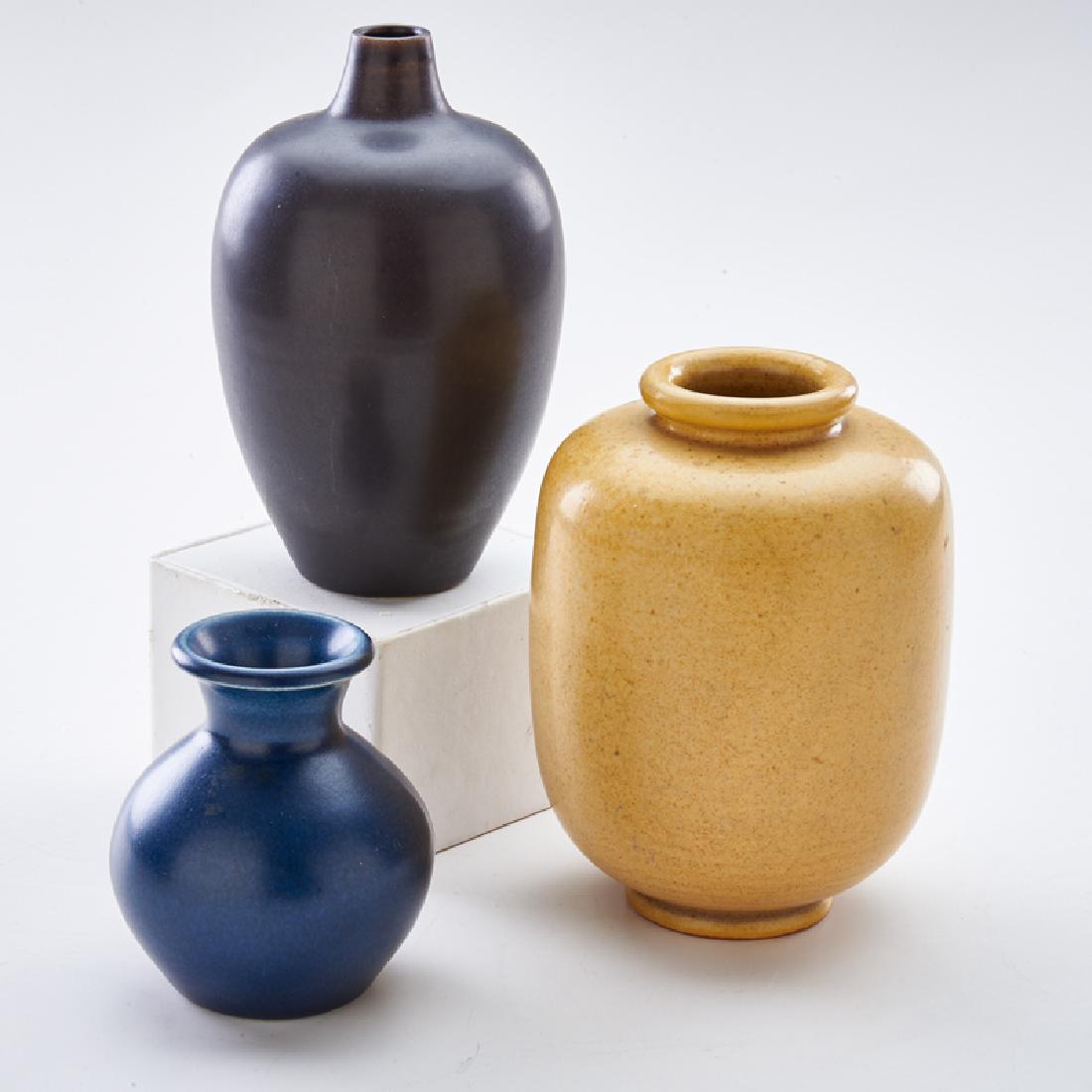 ERICH & INGRID TRILLER; TOBO: Three vases in various glazes, Sweden, mid-20th c. Glazed stoneware All signed Triller TOBO at base Tallest: 7" x 4" dia.