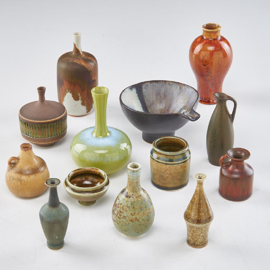 G. NYLAND/C.H. STALHANE/RORSTRAND, ETC.: Thirteen cabinet vessels in various glazes, Sweden, mid 20th c. Glazed porcelain Most marked Tallest: 3 1/2" x 1 1/2" dia.