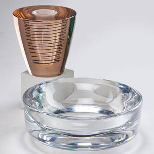 WILLY JOHANSSON; HADELAND: Two pieces: spiral vase and bowl, Norway, 1950s Glass/crystal Signed Bowl: 3 1/4" x 8 1/4" dia.