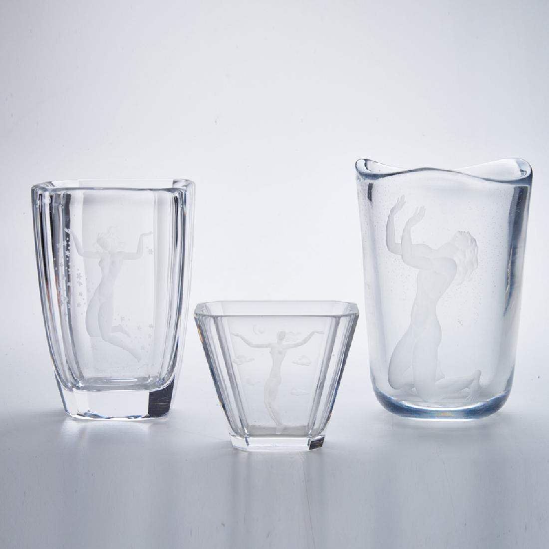 VICKE LINDSTRAND (1904-1983); ORREFORS: Three vases etched with female nudes, Sweden, ca. 1950s Glass All marked Tallest: 8 1/4" x 5 1/2" dia.