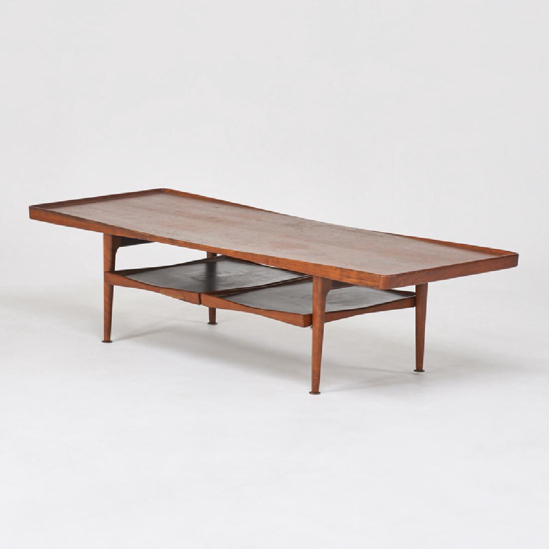 DANISH: Coffee table, 1960s Teak, enameled metal Metal Selig label 16" x 62" x 24"